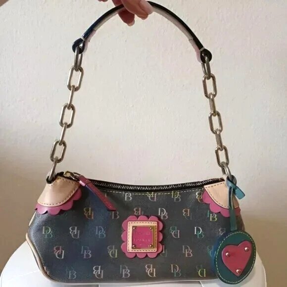 VTG Dooney & Bourke Gray Multicolor Logo Baguette Bag Y2K Barbie - Picture 2 of 16
